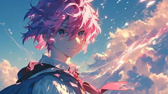 anime male wizard uniform, pink hair