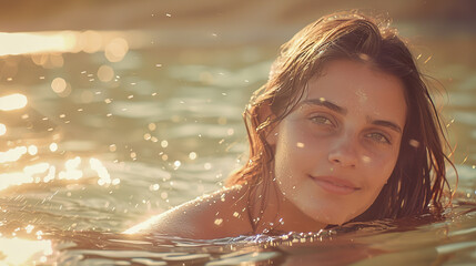 young beautiful modern brunette woman is in the water - Powered by Adobe