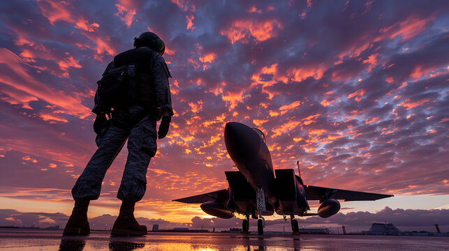 long-shot full-body photo of a Air Force pilot standing beside a fighter jet, silhouette, sunrise