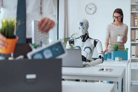 The impact of AI on jobs: fired business people leaving the office
