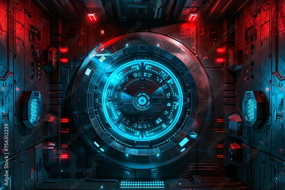 Poster glowing digital clock in futuristic space station generative ai