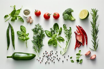 Fresh raw vegetables spices on the marble floor