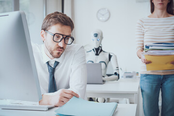 Business people and robot working in the office