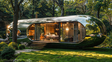 A unique, modern capsule-shaped eco-friendly house nestled within a lush forest setting that showcases a blend of natural and contemporary elements - Powered by Adobe