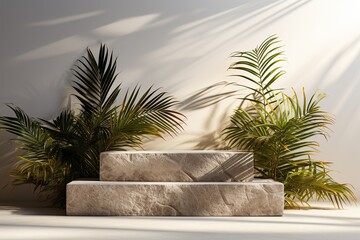 Stone podium with tropical palm leaves for product presentation.