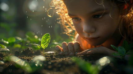 Young girl observing plant growth