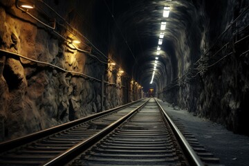 Fototapeta premium Illuminated Train with lights in sleek tunnel. Black and white photo of high speed modern railway. Generate ai