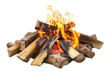 Close up of a fire pit surrounded by logs, flames flickering and logs burning