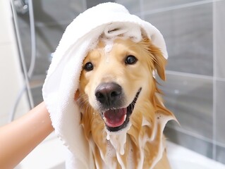 man washes a dog in a foam bath in the interior