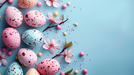 Fototapeta na wymiar Easter decoration colorful eggs on blue background with copy space. Beautiful colorful easter eggs. Happy Easter. Isolated. 