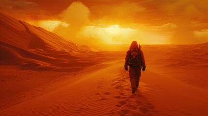 Fototapeta na wymiar Walking in desert. Beautiful sunset over the sand dunes in the Sahara desert