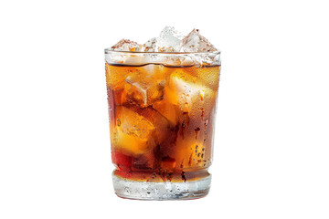 A refreshing soda drink with ice cubes in a clear glass on a pristine white background