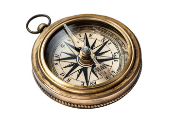 An antique brass compass rests elegantly on a clean white background