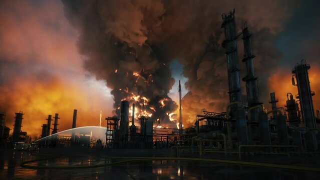 Oil refinery is burning. Heavy fire at the factory. Massive fire explosion on oil refinery