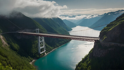 Suspension bridge spans majestic mountains and serene river in morning light