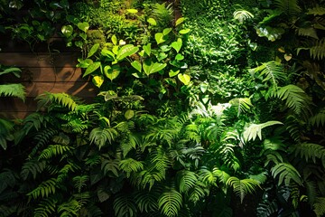A lush green wall of plants, including ferns and ivy, thriving in a well-lit environment, possibly during the summer months. Generative AI