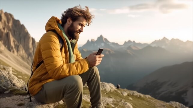 Man tourist is using a smartphone while sitting on the edge of a cliff in the mountains