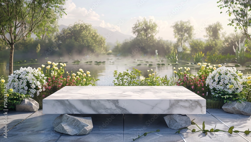 Poster a serene pondside setting with a modern stone bench generative ai