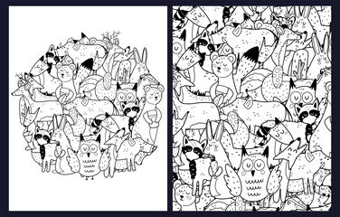 Cute forest animals coloring pages set. Black and white templates bundle with funny woodland characters. Outline background. Vector illustration