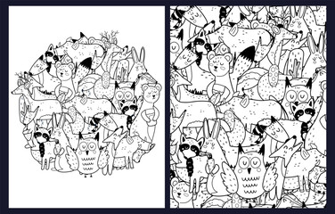 Obraz premium Cute forest animals coloring pages set. Black and white templates bundle with funny woodland characters. Outline background. Vector illustration