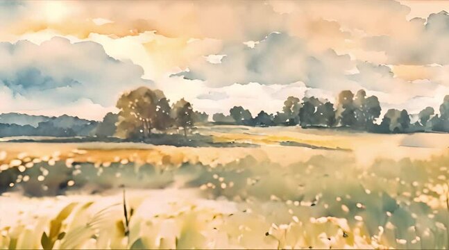 meadow sun nature outdoor landscape background from watercolor