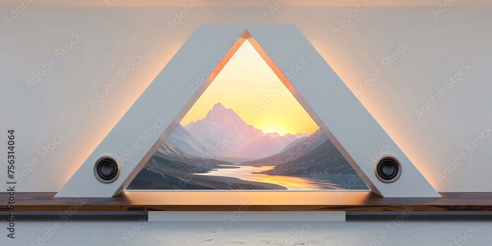 Poster sunset triangle a stunning view of mountains and water generative ai