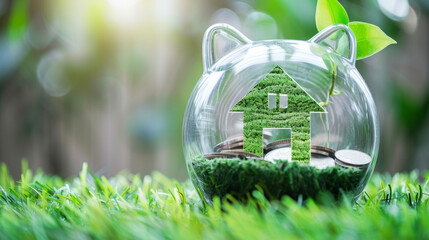 Saving to buy a house or home savings concept with grass growing in shape of house inside transparent piggy bank. Generative AI - obrazy, fototapety, plakaty
