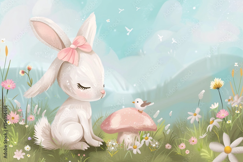 Poster bunny in a field with a mushroom and butterflies generative ai