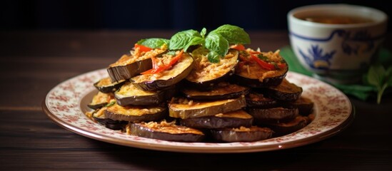 A delicious dish of vegetables and meat served on a wooden platter with a cup of tea, showcasing a blend of ingredients and cuisines on a rustic table setting