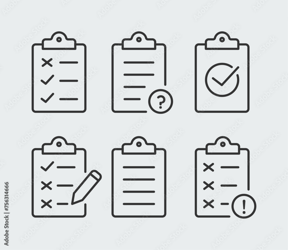 Poster checklist on the clipboard. clipboard symbol set. checkmarks and refuse line icons. document, questi
