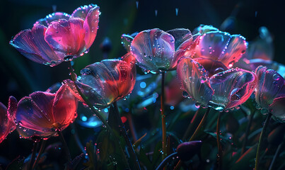 Neon flowers at rainy night, Generative AI 