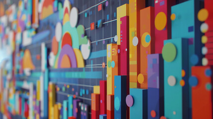 A vibrant, colorful data visualization showcasing different types of bar charts and graphs on the wall, with bold colors and geometric shapes