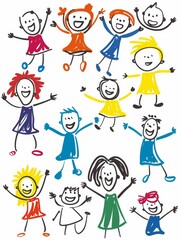 Happy kids cartoon collection. Multicultural children in different positions isolated on white background