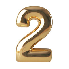 3d Royal Gold number "2" letter floating over a white background PNG