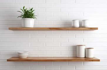 Scandinavian minimalist design in interior of apartment, flat for rent or sale and home blog. Modern plates and cups, kitchen utensils, potted plants on wooden shelves, on light wall, empty space.