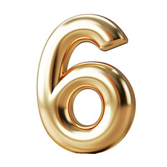 3d Royal Gold number "6" letter floating over a white background PNG