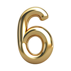 3d Royal Gold number "6" letter floating over a white background PNG