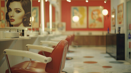 Vintage hair salon from the 60's,70's,80's. Background without people. Blurred interior of a barbershop. Blurred background