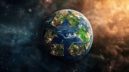 Obraz na płótnie Canvas An imaginative portrayal of Earth with a recycling emblem set against a dramatic cosmic backdrop highlighting environmental concerns