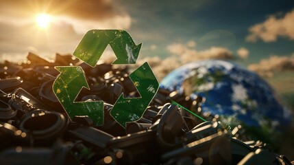 A powerful image of a green recycling symbol standing among heaps of waste with Earth in the background, invoking environmental action - Powered by Adobe
