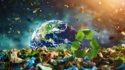 Obraz na płótnie Canvas Planet Earth with a vibrant recycling emblem stands out amid a pile of waste, highlighting the necessity of environmental preservation