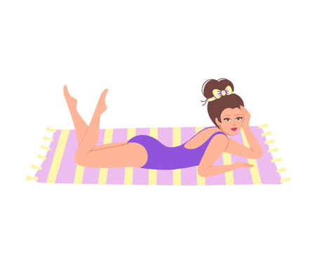 Beautiful brunette girl lie on beach and sunbathe on towel. Vector Illustration for printing, backgrounds and packaging. Image can be used for card, poster and sticker. Isolated on white background.