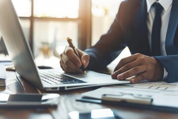 Close-up of Businessman working with financial data report and laptop computer in modern office