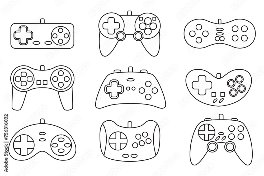 Poster vector line game controller gamepad icons set. black outline joysticks elements flat style isolated 