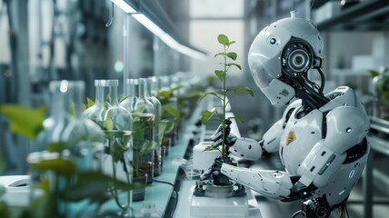 Robot farmers growing plant in green house lab with IOT based smart agriculture monitoring system, automate sensor robotic GMO free farming industry future internet of thing technology.