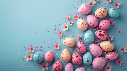 Easter decoration colorful eggs on blue background with copy space. Beautiful colorful easter eggs. Happy Easter. Isolated.	