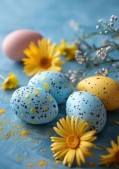 Obraz na płótnie Canvas Easter decoration colorful eggs on blue background with copy space. Beautiful colorful easter eggs. Happy Easter. Isolated. 