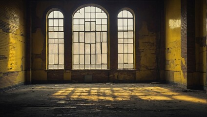 A vividly weathered yellow wall, starkly contrasted by dark windows, exudes a sense of mystery and melancholy