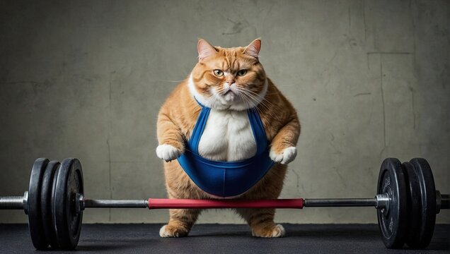 an obese cat passionately lifting weights 