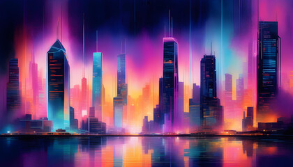 Fototapeta na wymiar A digital watercolor painting of a futuristic cityscape with neon lights and data streams